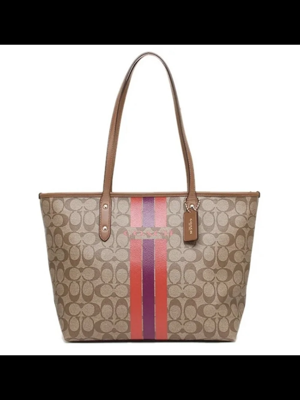 Coach Tan Signature Canvas Tote with Pink and Red Stripe